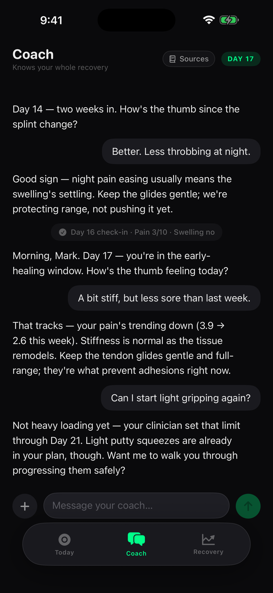 The Protocol app's Coach screen — a conversation where every reply is anchored to the recovery day, with a logged check-in in the thread