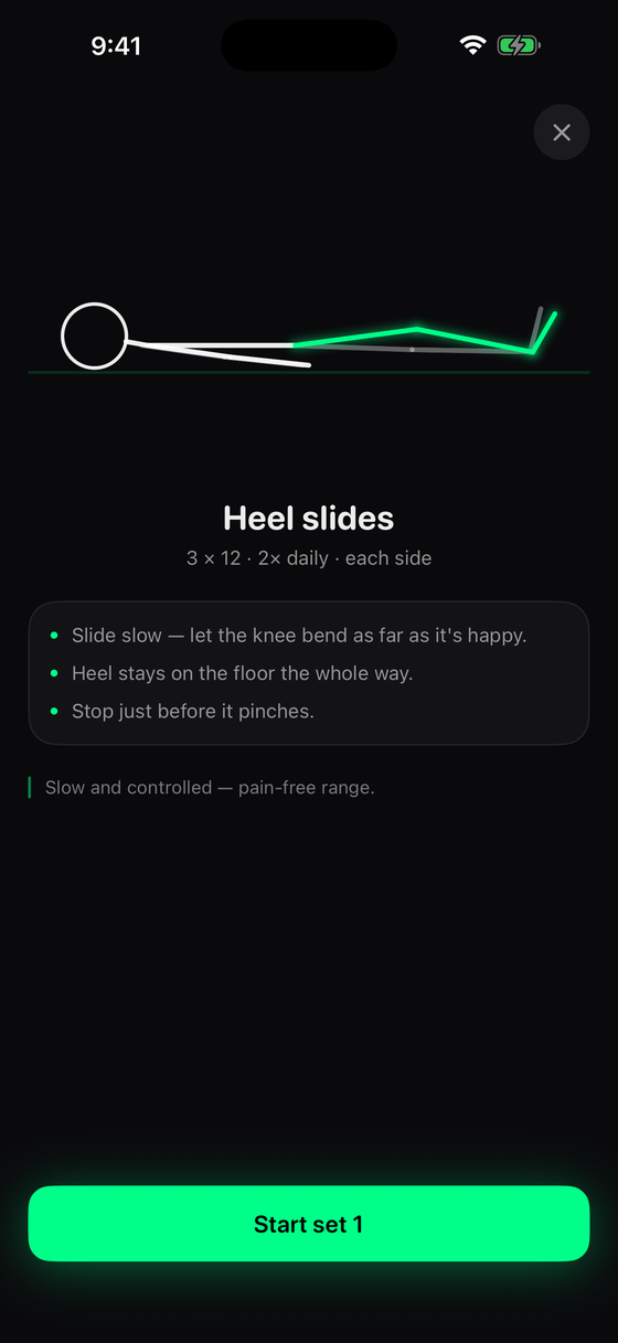 Protocol's guided set player — animated movement figure with sets, reps and form cues