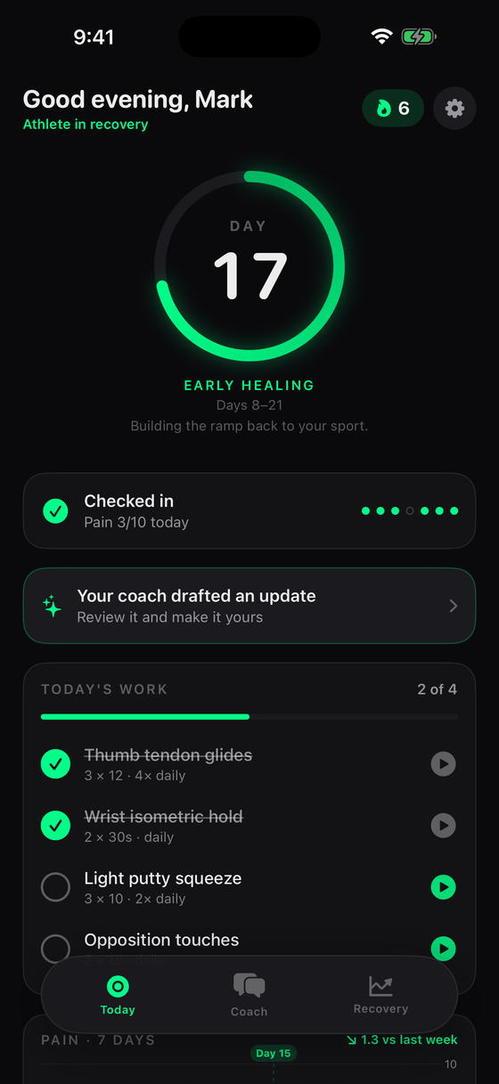 The Protocol app's Today screen — a Day 17 recovery ring, this morning's check-in logged, and today's exercise list